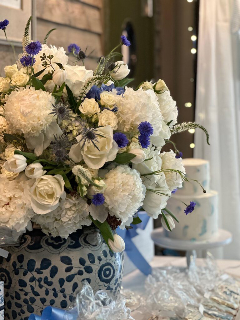 White and Blue Floral with Wedding Cake